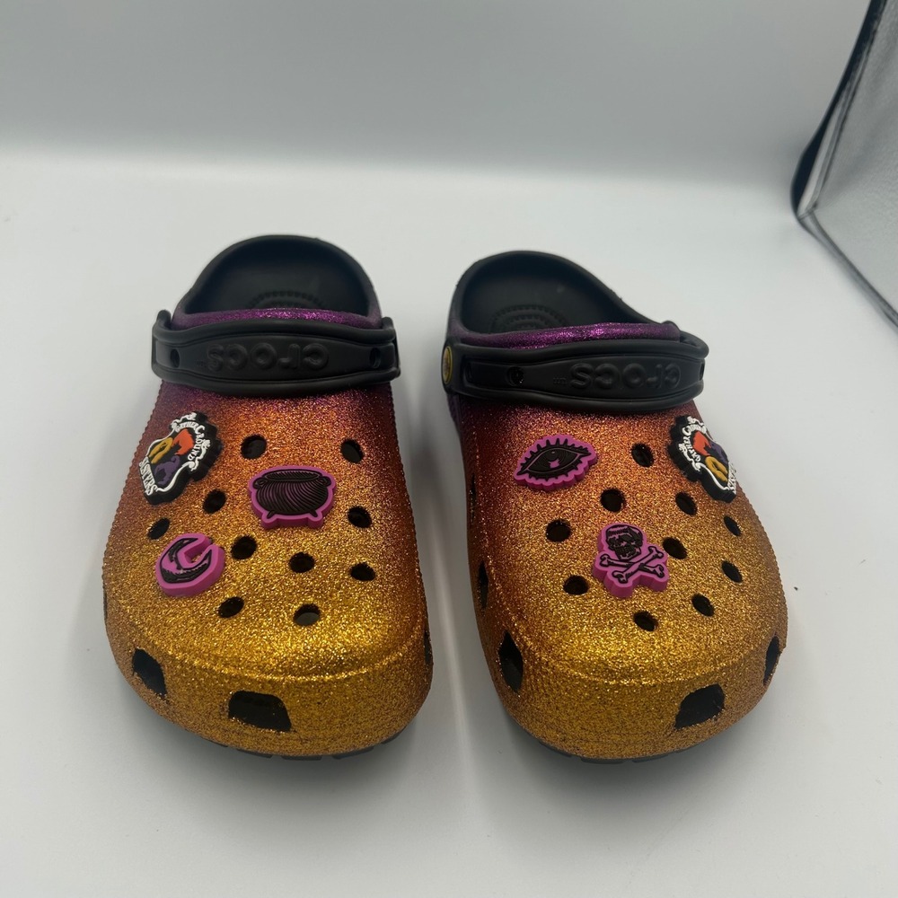 Crocs Clogs Womens 9 Gold Purple Hocus Pocus Ombre Glitter Jibbitz Disney